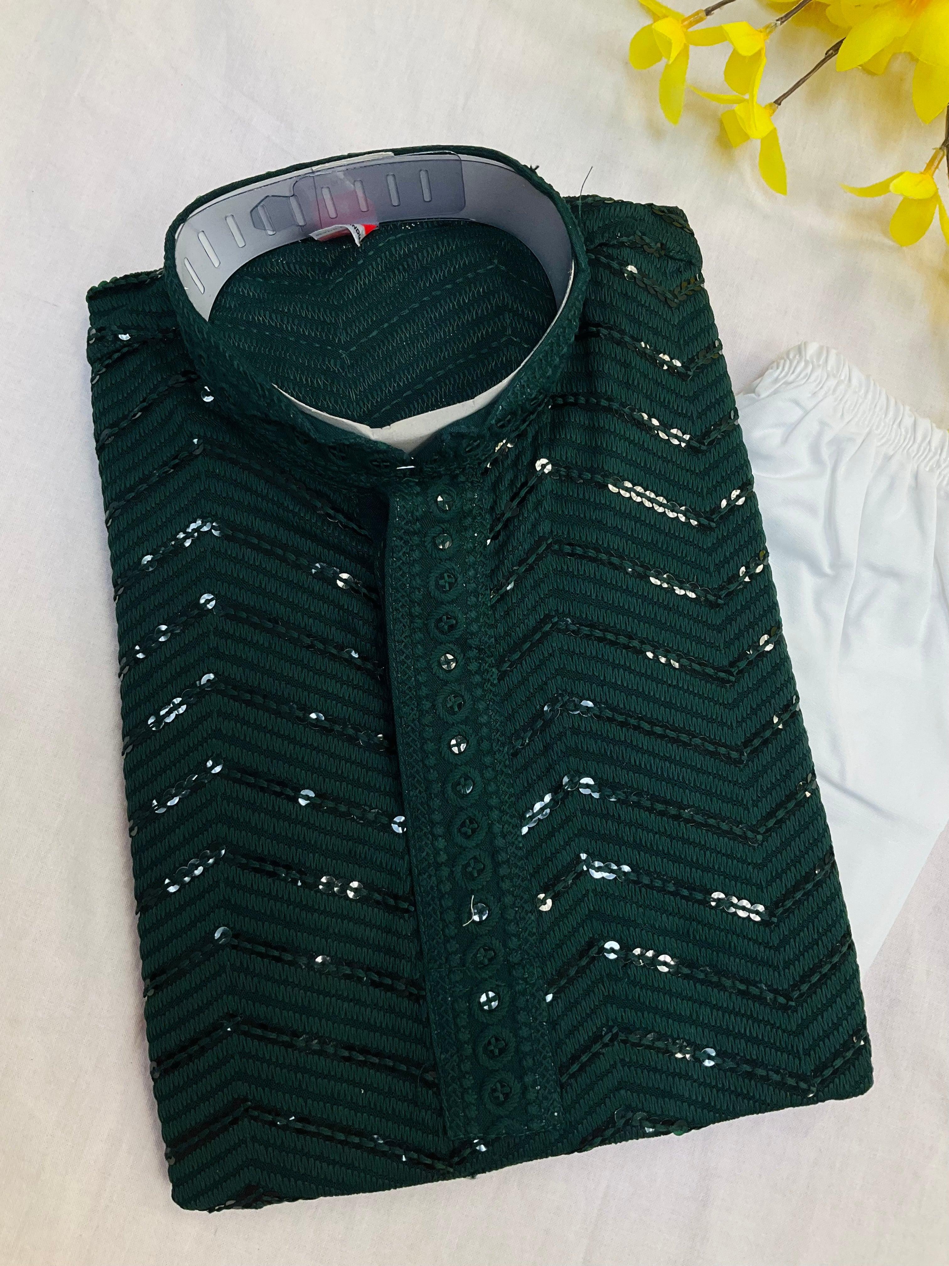 Boys Bottle Green Sequence Kurta Set - Premium Embroidered Ethnic Wear