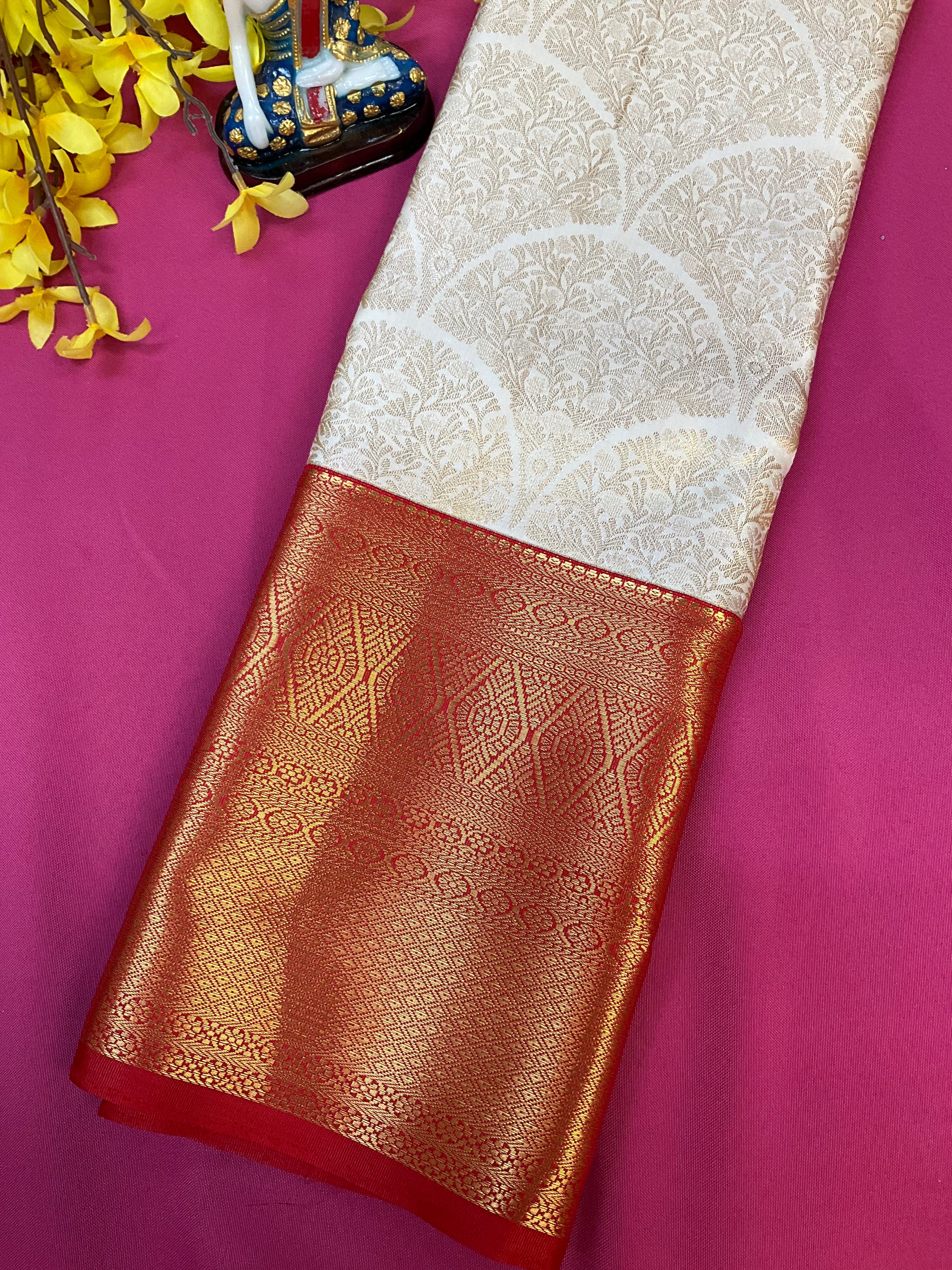 Half White & Red - Semi Silk Kanjeevaram Saree