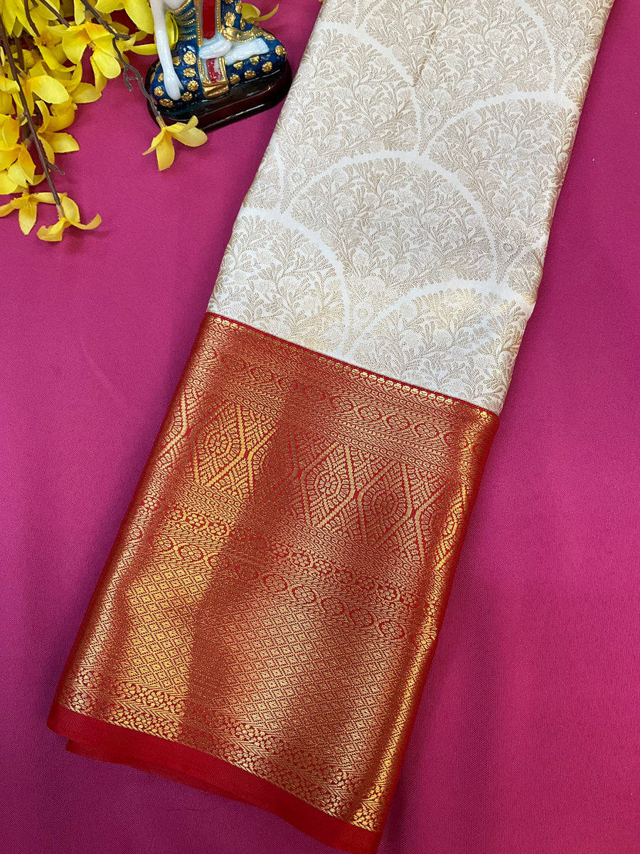 Off White & Red Semi Silk Kanjeevaram Saree