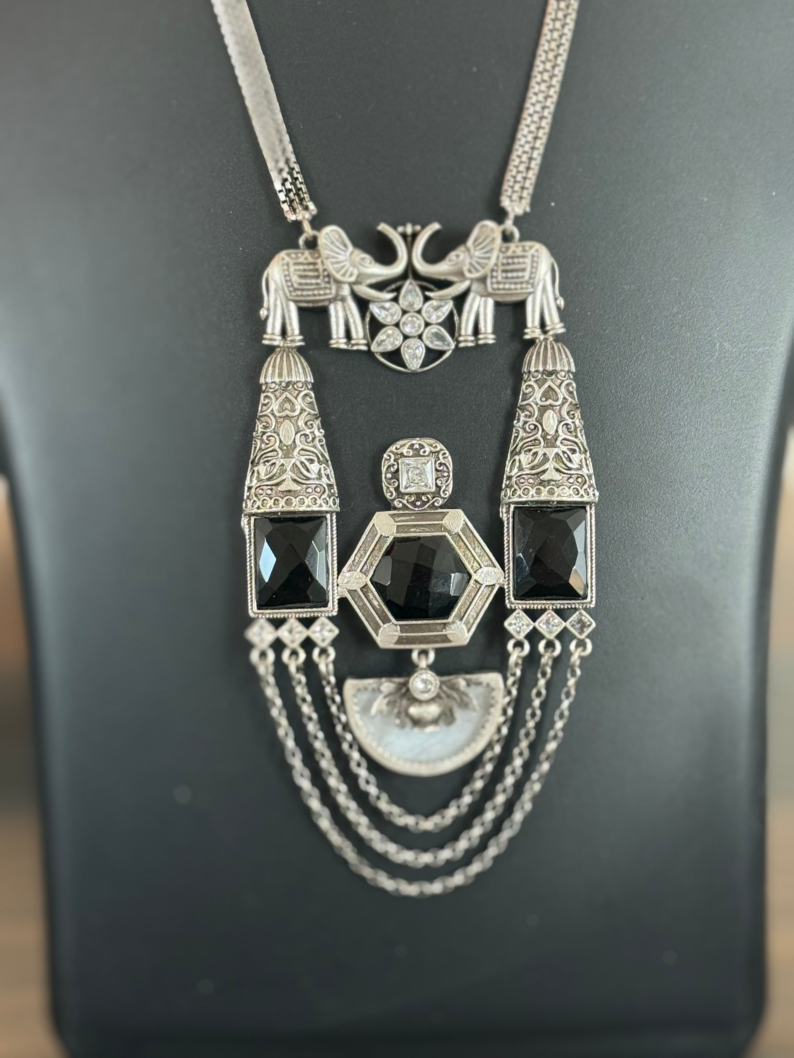 German Silver Long Necklace/Chain with Pendant- Black stone