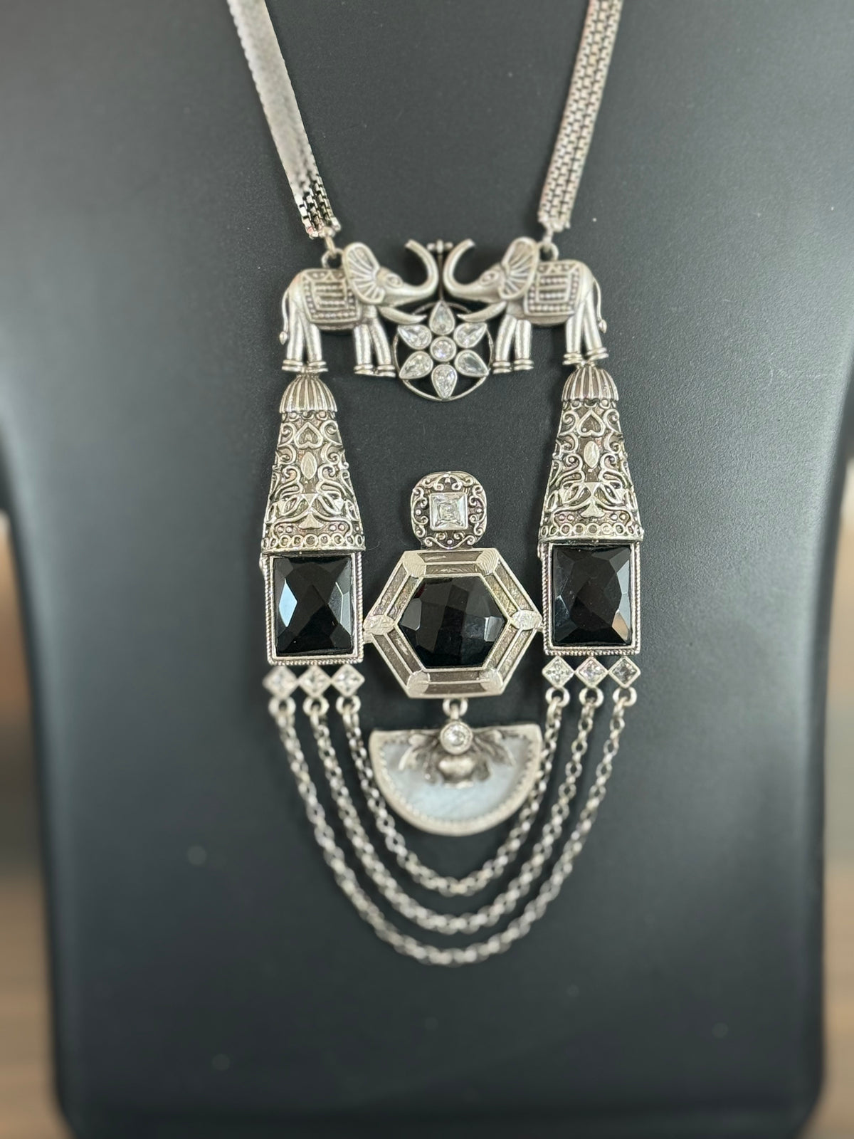 German Silver Long Necklace/Chain with Pendant- Black stone