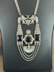 German Silver Long Necklace Chain with Black Stone Pendant