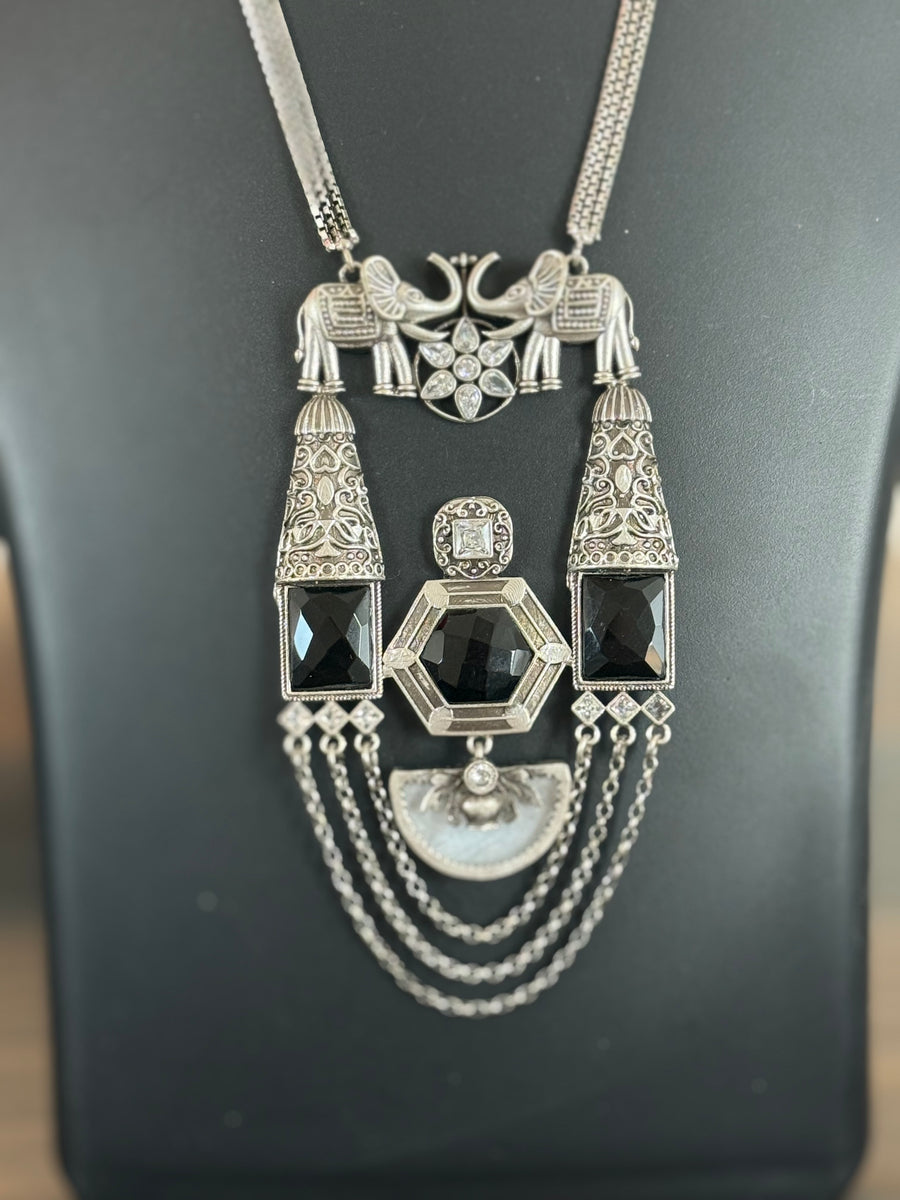 German Silver Long Necklace Chain with Black Stone Pendant