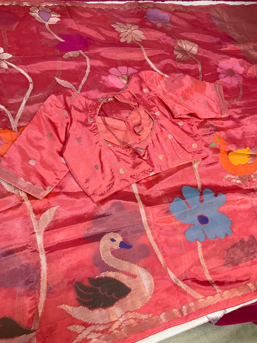 Peach color Paper Silk Saree with stitched blouse