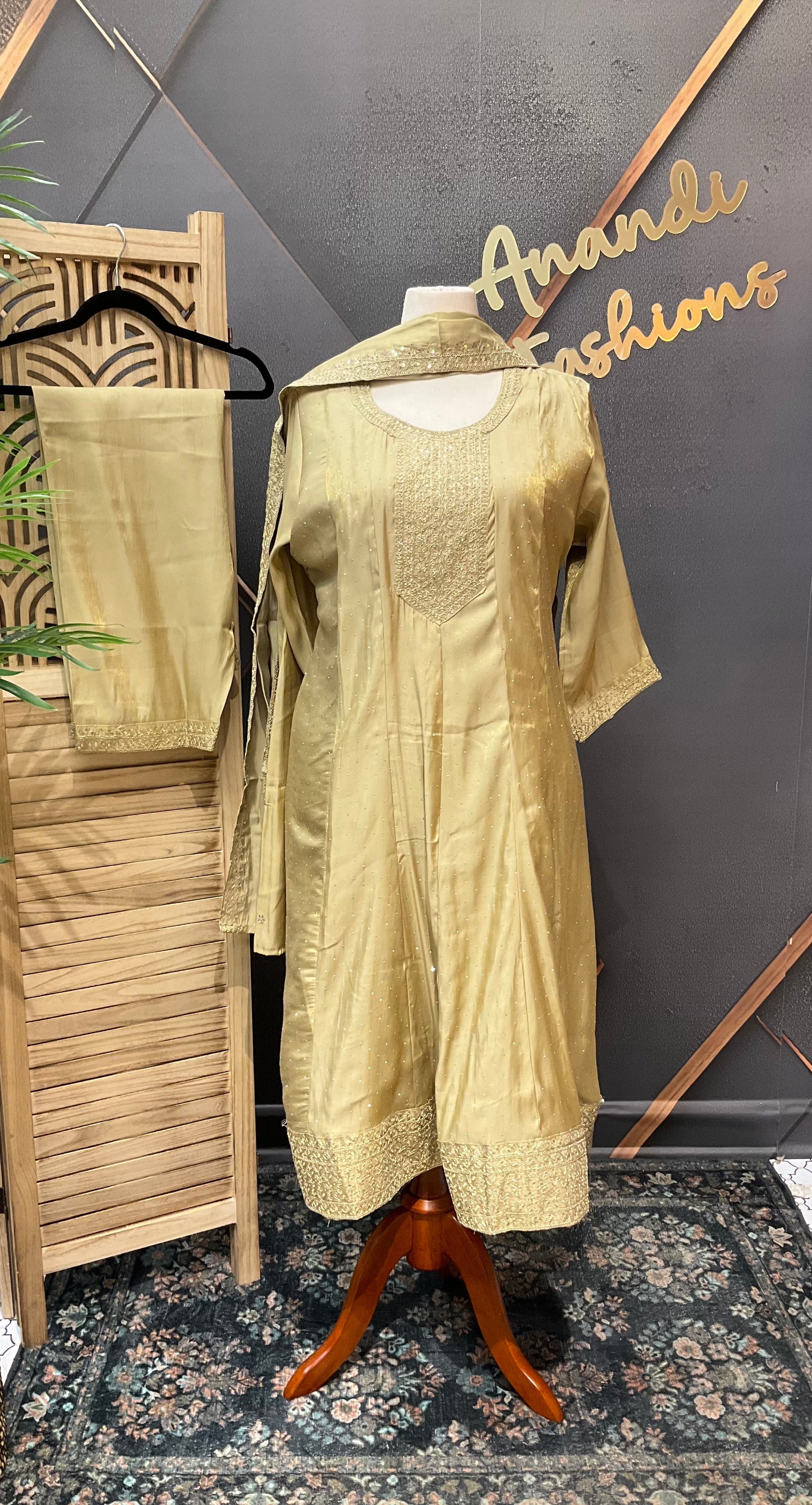 Plus Size Olive Beige Anarkali Kurti Set with Sequin Scatter & Matching Dupatta