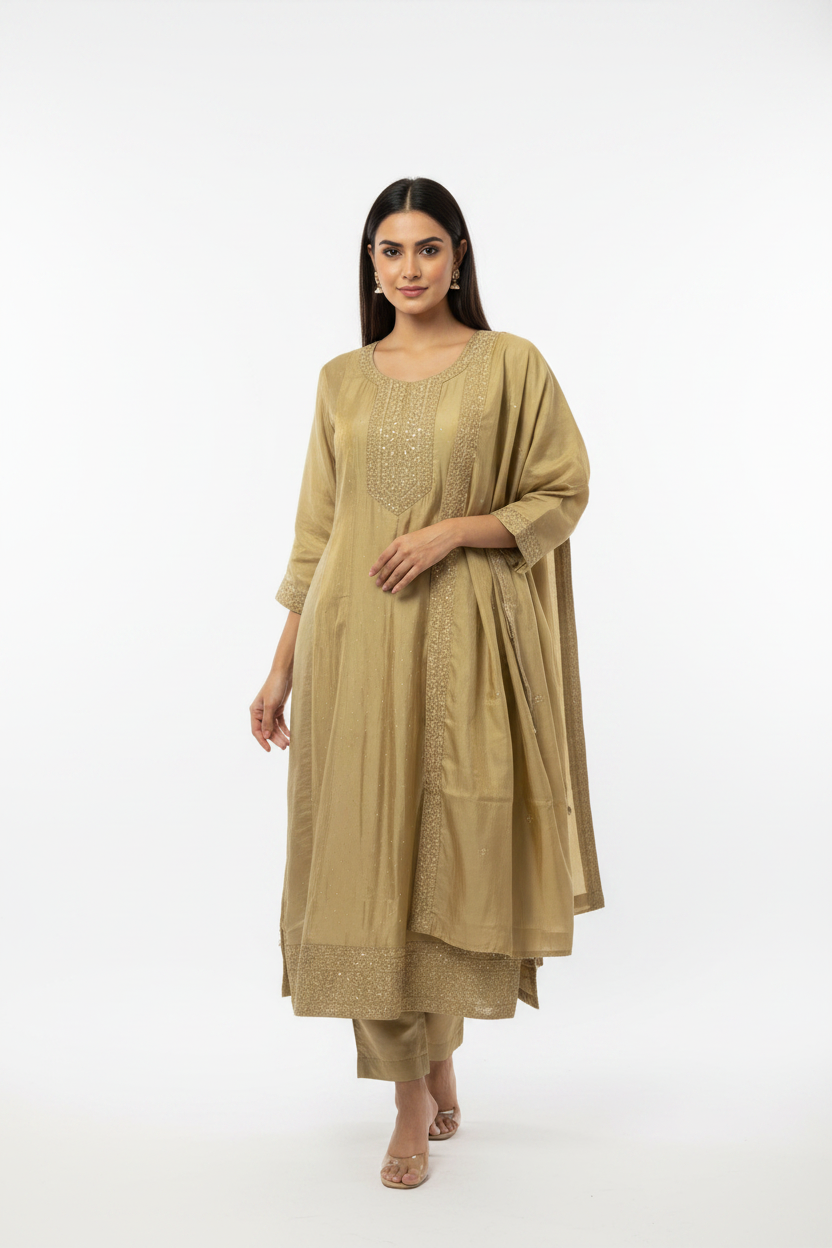 Plus Size Olive Beige Anarkali Kurti Set with Sequin Scatter & Matching Dupatta