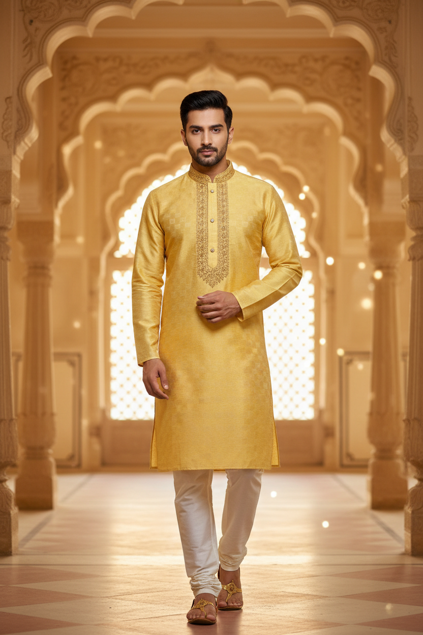 Men’s Light Yellow Kurta Set - Mens - Kurta Set - Anandi Fashions