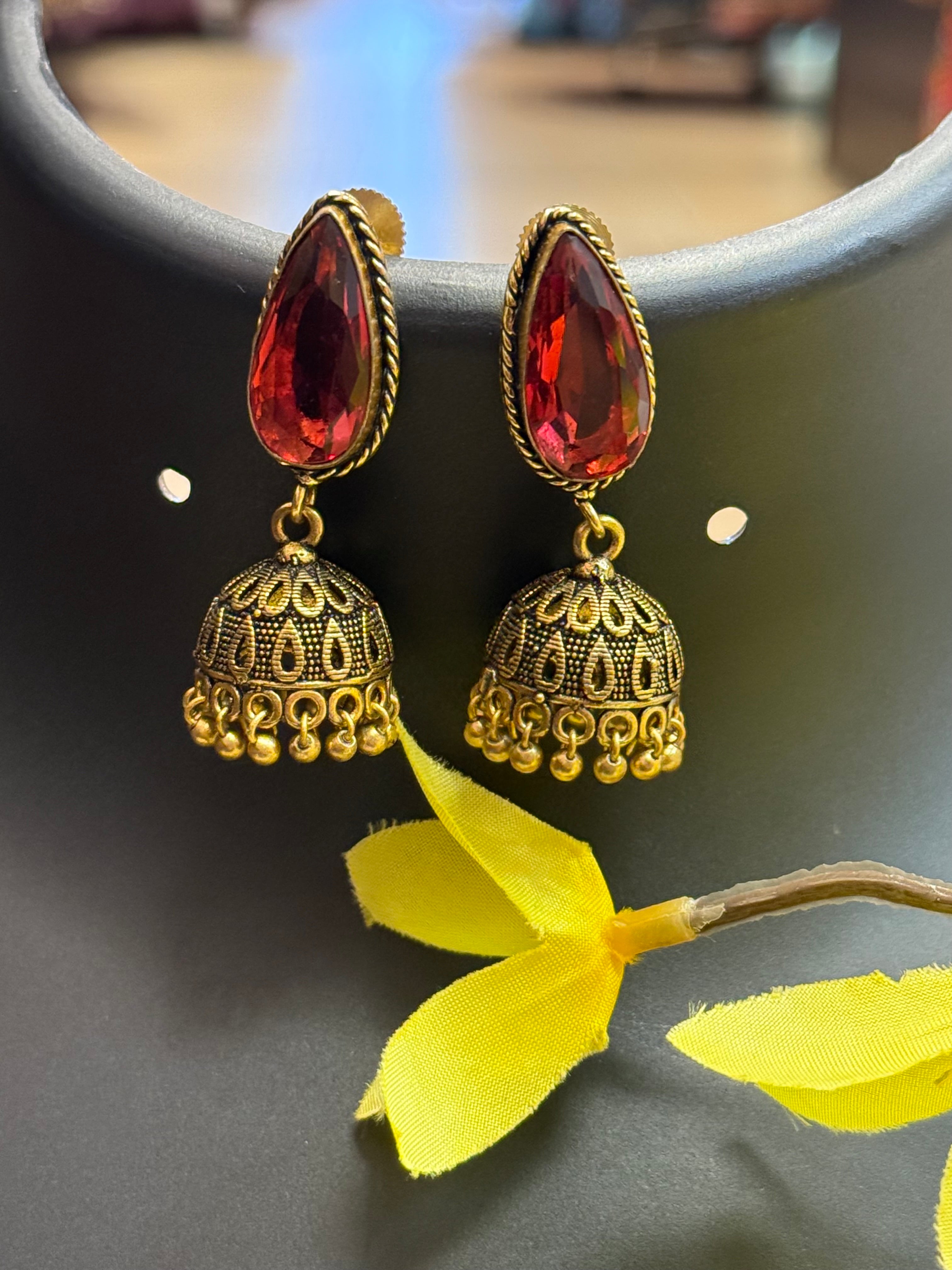 Copper Jhumkas/Earrings with Colored Stones
