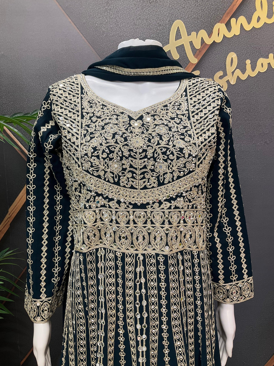 Heavy Party Wear Georgette Long Dress - Full Front & Back Work