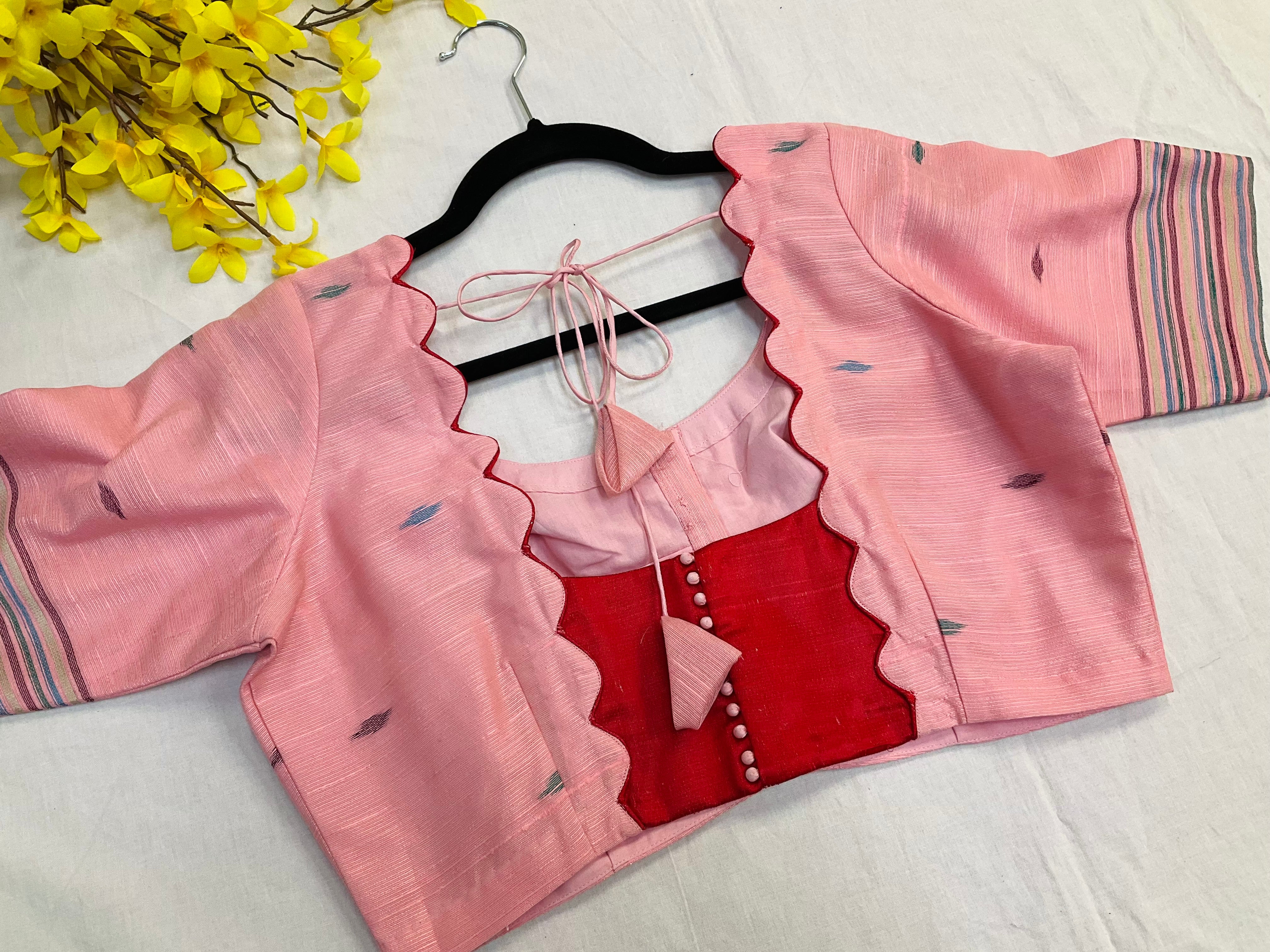 Pink-Lenin Jamdhani Saree with Stitched blouse- fall pico done