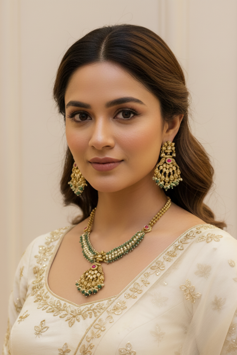 Antique Finish Kundan Necklace set with Guttapusalu/small pearls