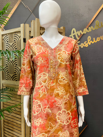 Peach Color- Cotton Floral Kurti