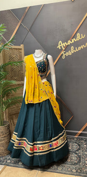 Teal Blue Garba Silk Chaniya Choli with Mirrors