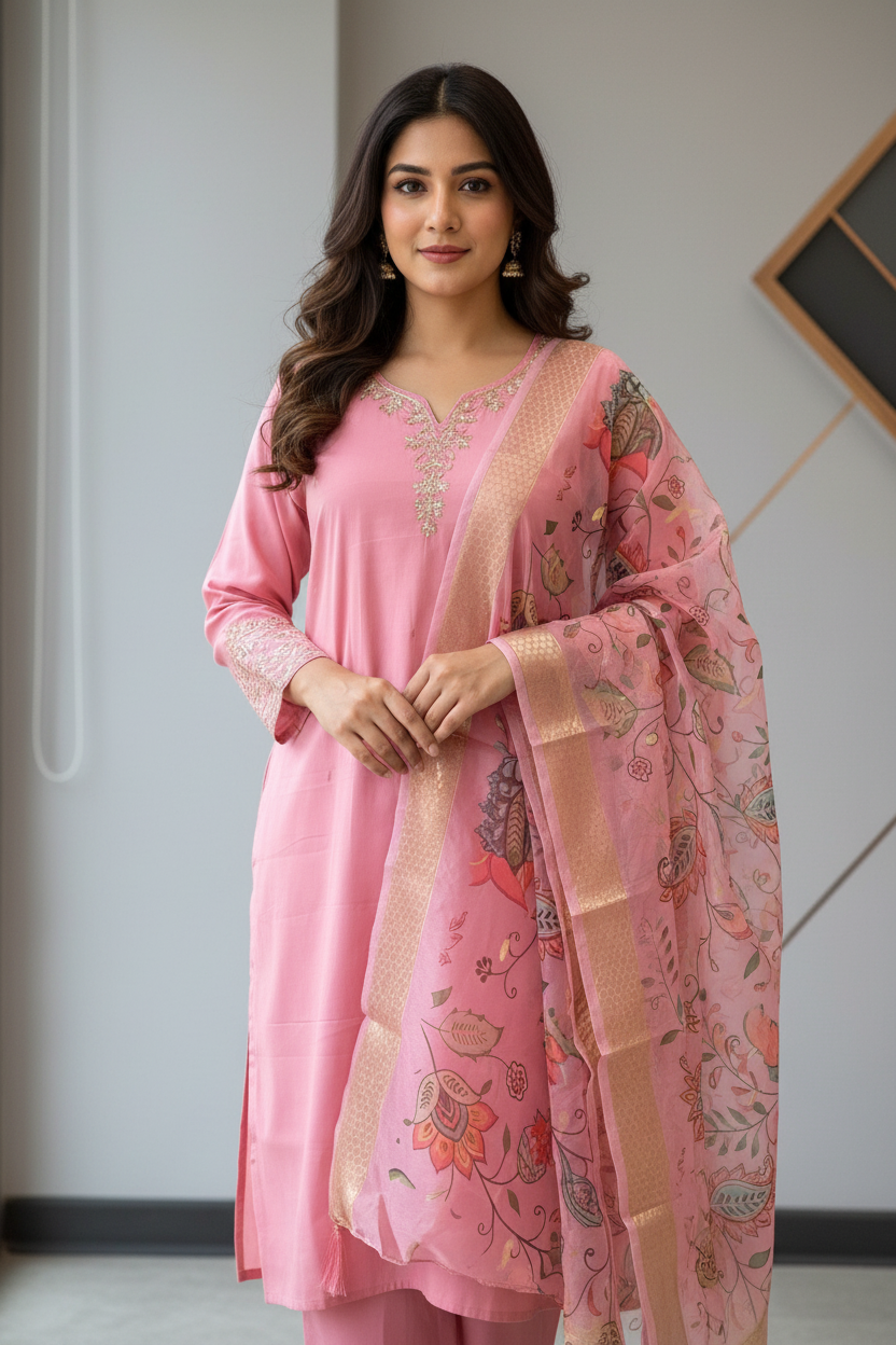 Plus Size - Baby Pink Shimmery Tissue Kurti set