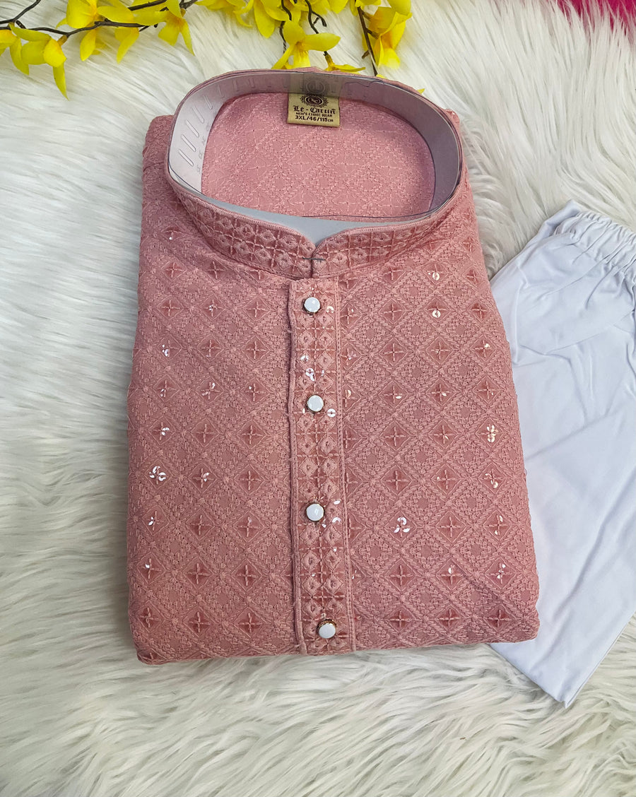 Pastel pink men’s Chikankari Kurta set