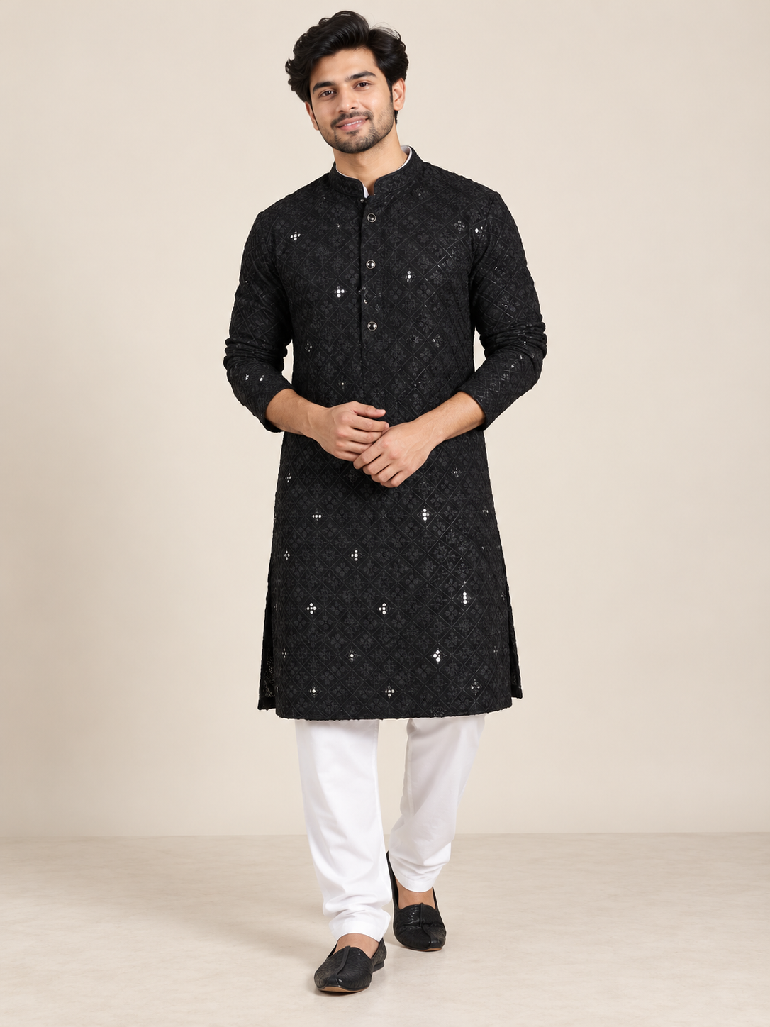 Men’s Black Rayon Chikankari Kurta Set