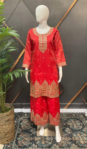 Orange Party Wear Palazzo Set - Shimmery with Gold Zari