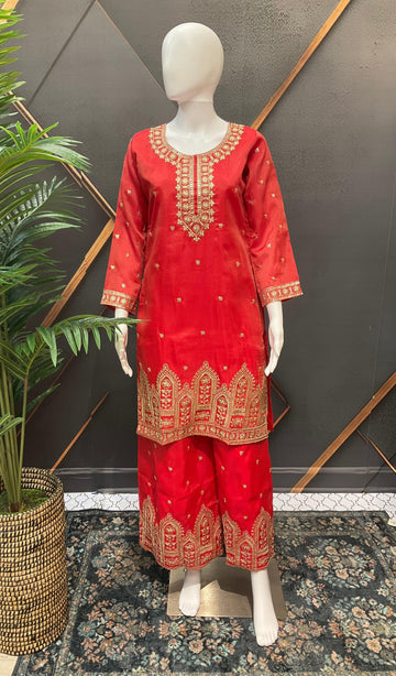 Orange Party Wear Palazzo Set - Shimmery with Gold Zari