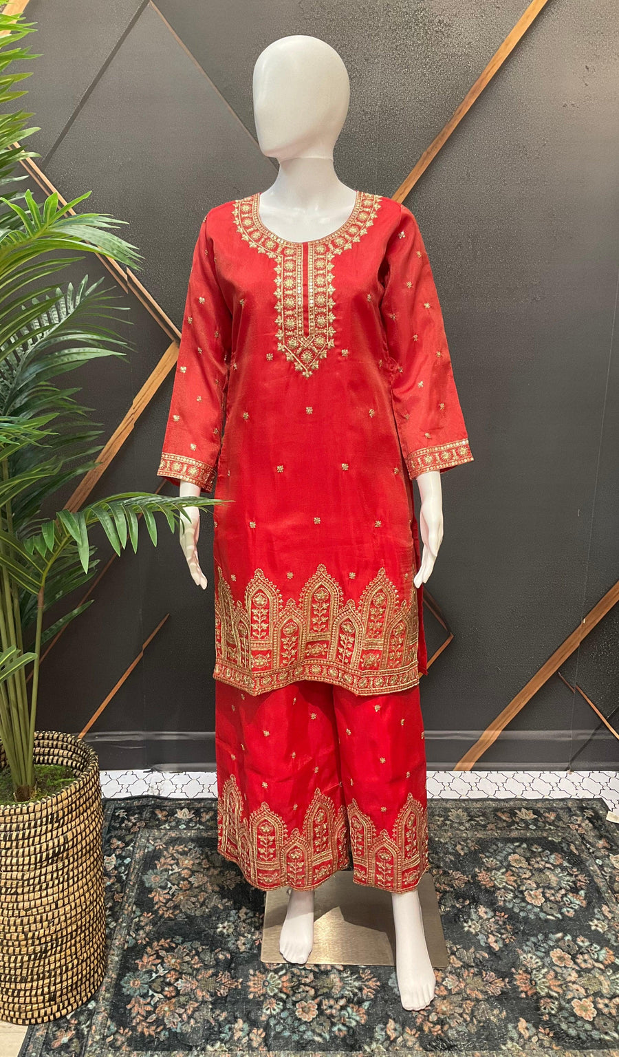 Orange Party Wear Palazzo Set - Shimmery with Gold Zari