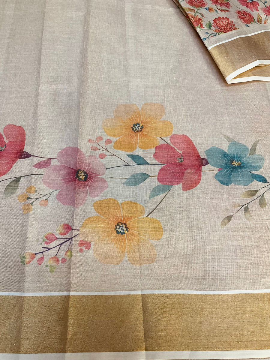 Kerala Set Mundu Saree with Floral Print
