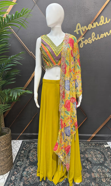 Yellow Chiffon Sharara Set Size 40 - Indo Western Party Wear