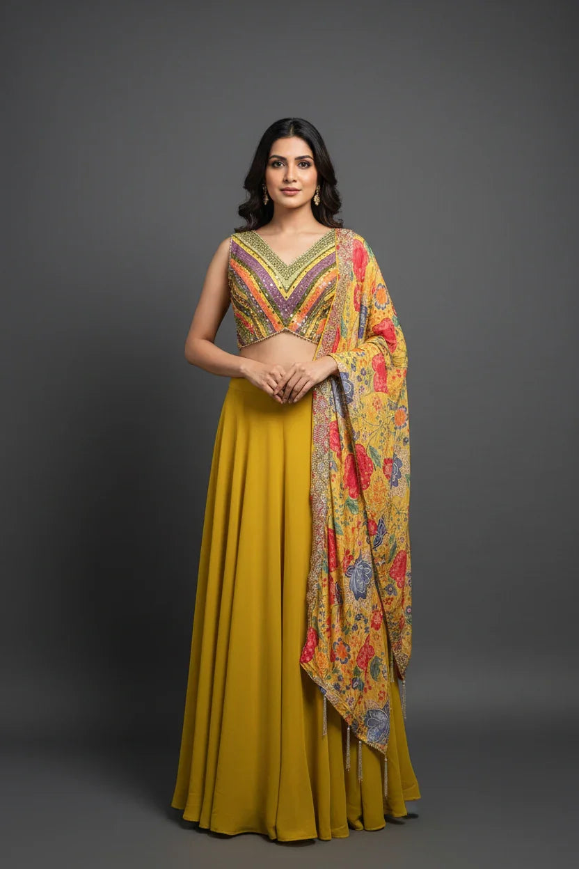 Woman wearing a mustard yellow lehenga with a multicolored embroidered blouse and floral patterned dupatta in studio