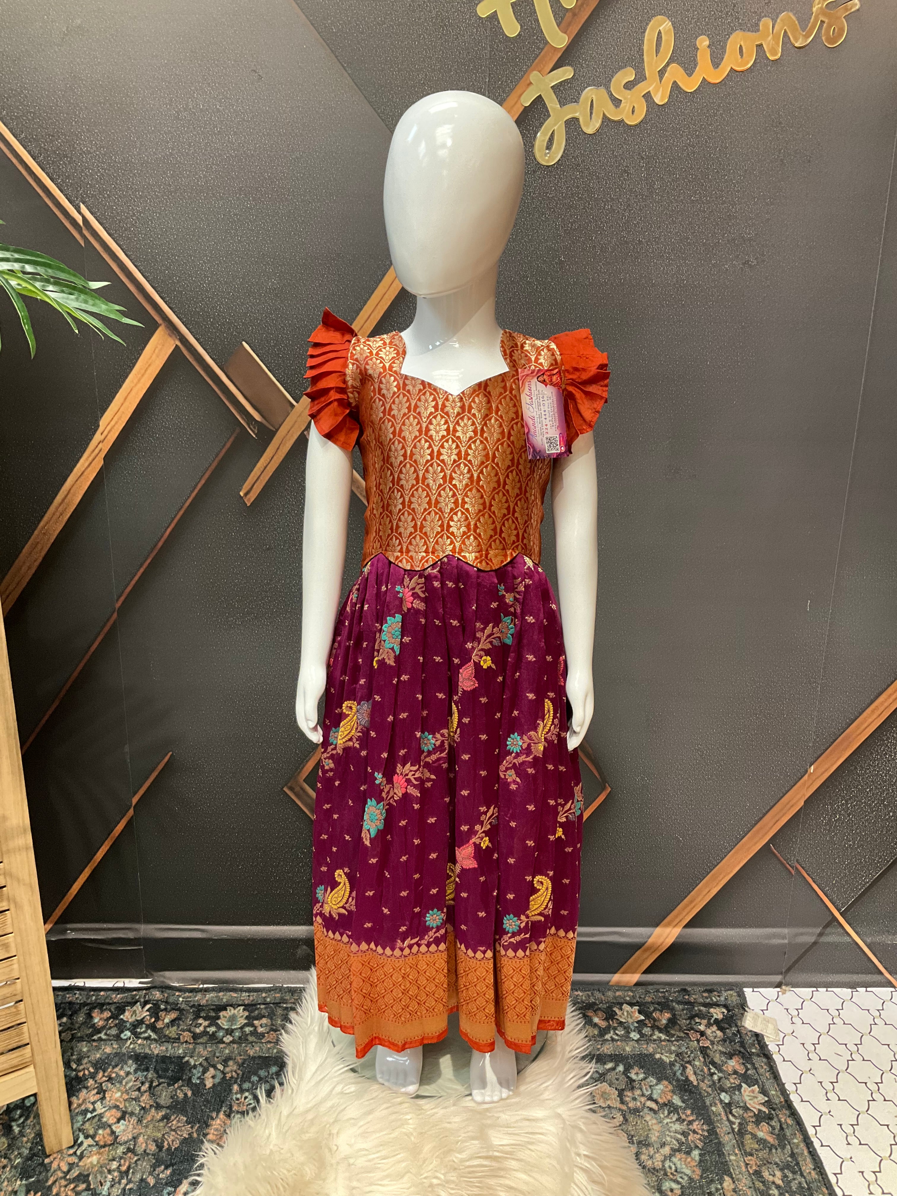 Wine & Orange color Little Girls Benarasi Long dress