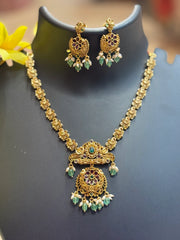 Antique Finish Peacock Design Necklace Set with Rice Pearls & Monalisa Beads