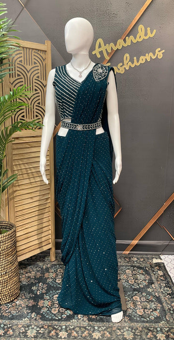 Teal Blue Party Wear Ready to Wear Saree - Georgette with Belt & Silver Work
