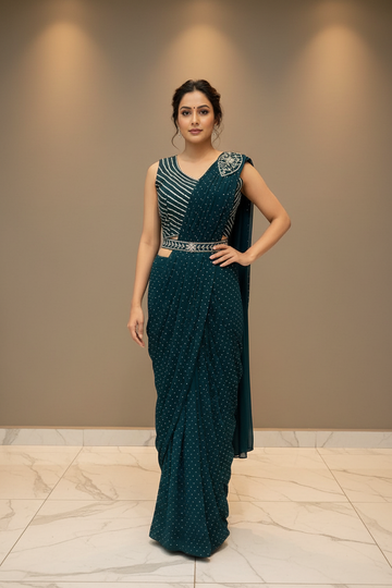 Teal Blue Georgette Ready to Wear Saree with Belt - Silver Work Blouse