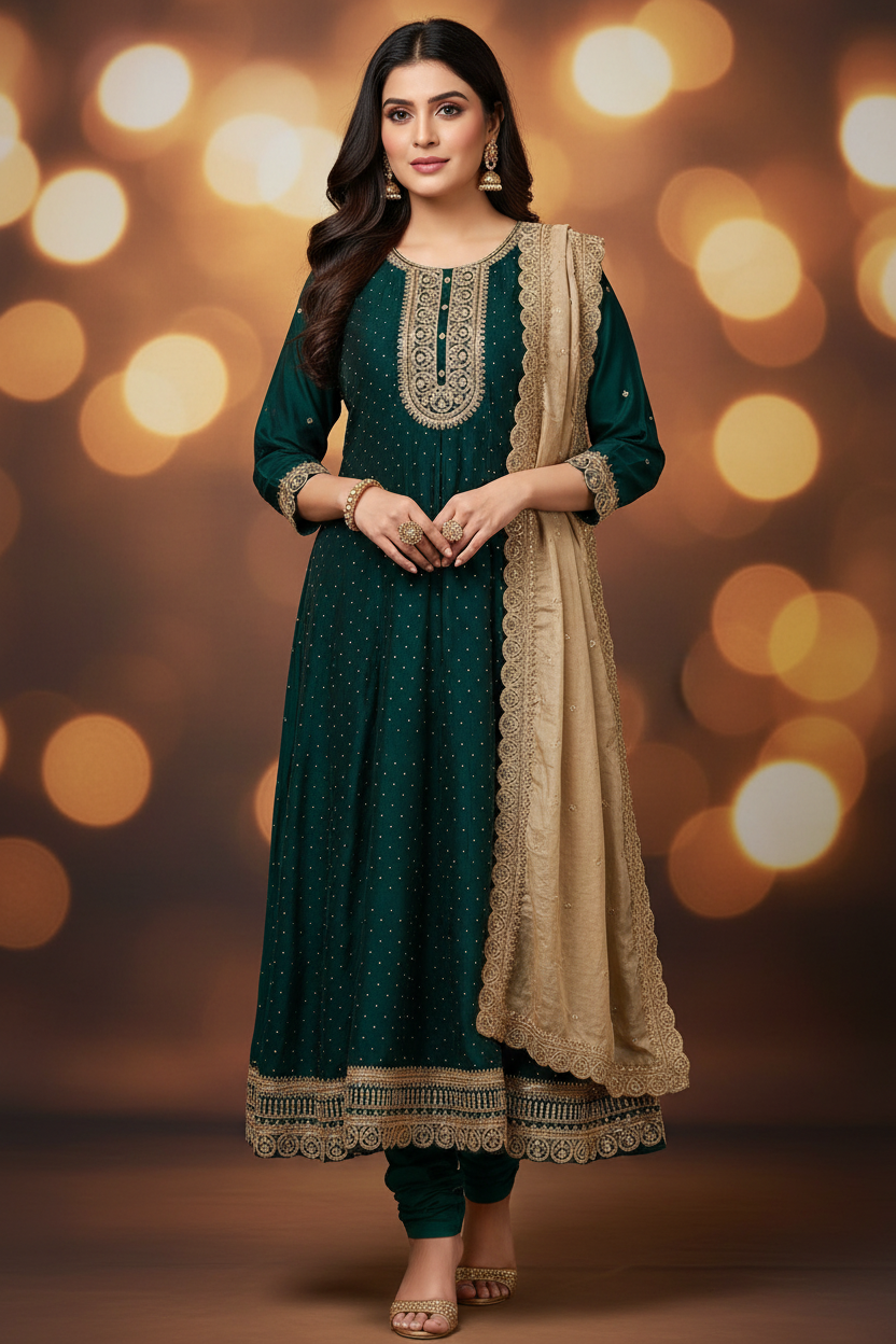 Plus Size Teal Green Georgette Anarkali Kurti Set with Gold Buti & Beige Dupatta