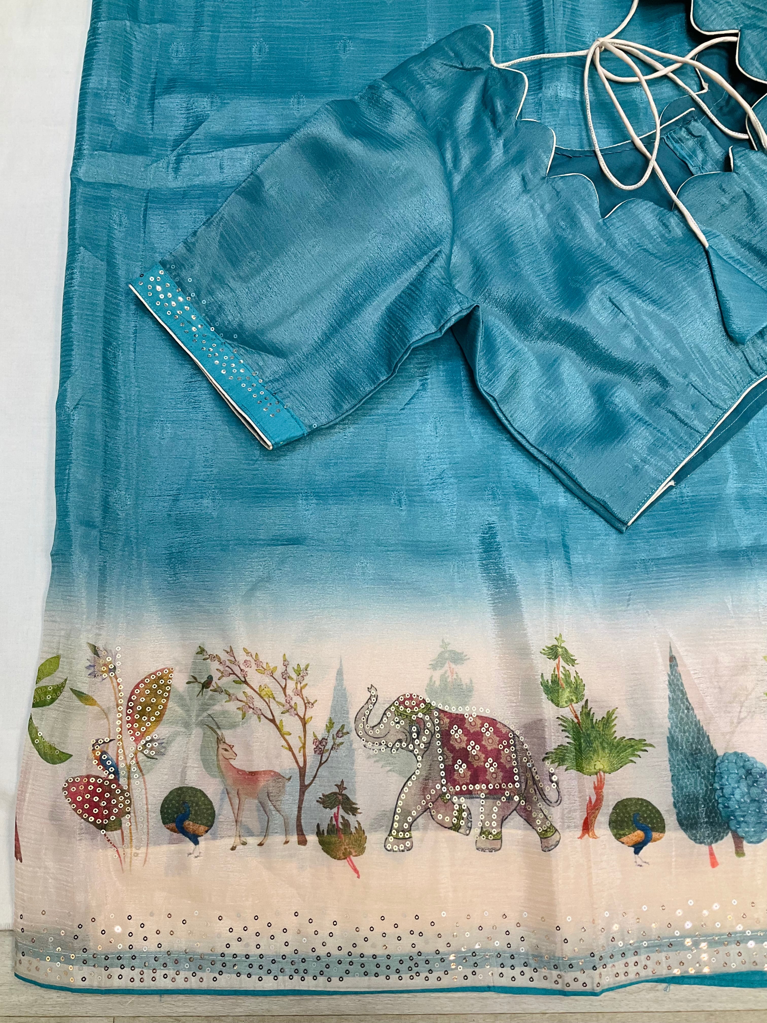 Blue Party wear saree with Stitched blouse- fall pico done