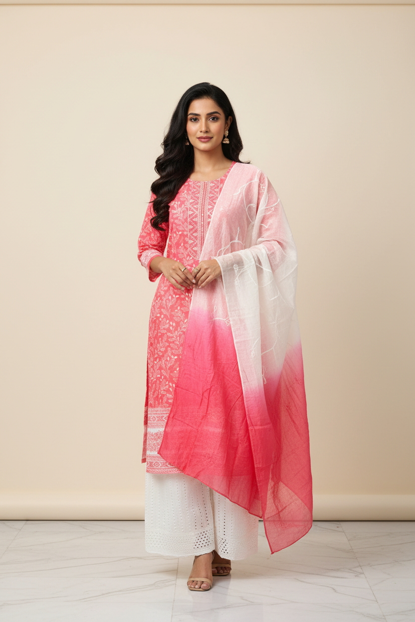 Neon Pink - Cotton Chikankari Kurti set