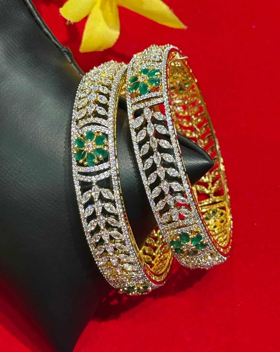 Size 2.6 Broad Bangle - Party Wear CZ Bangles Set with Flower Design (Pair)
