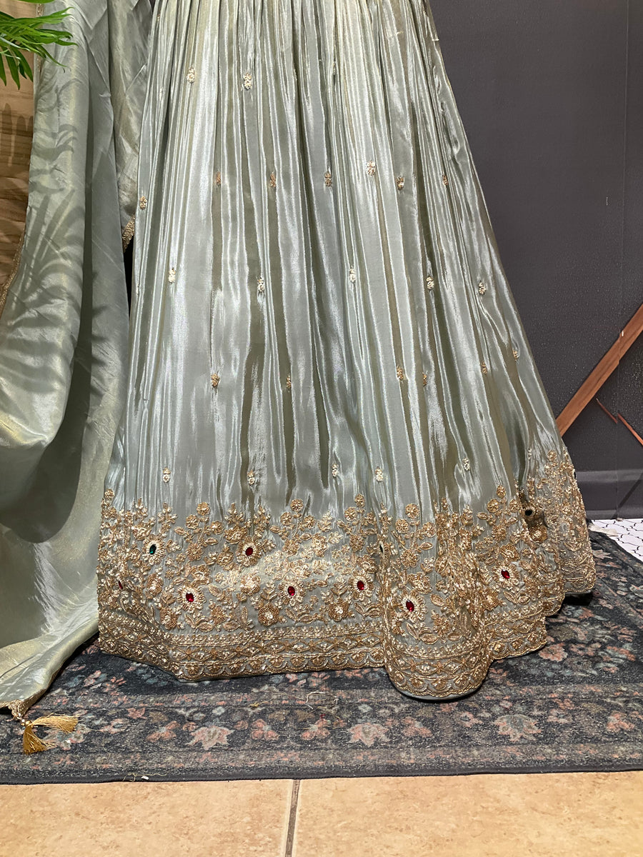 Pastel shade Tissue Designer Lehenga set with Heavy Work