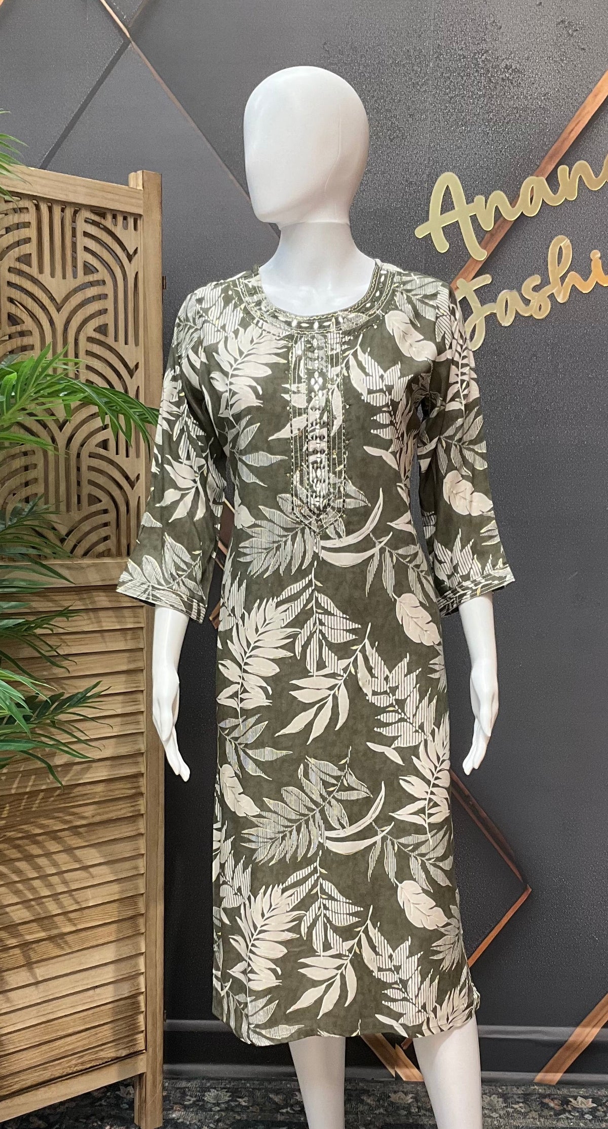 Green cotton Kurti- Leaf Pattern