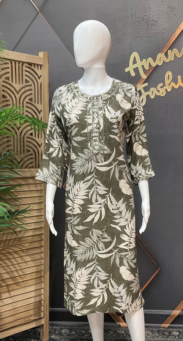 Green cotton Kurti- Leaf Pattern