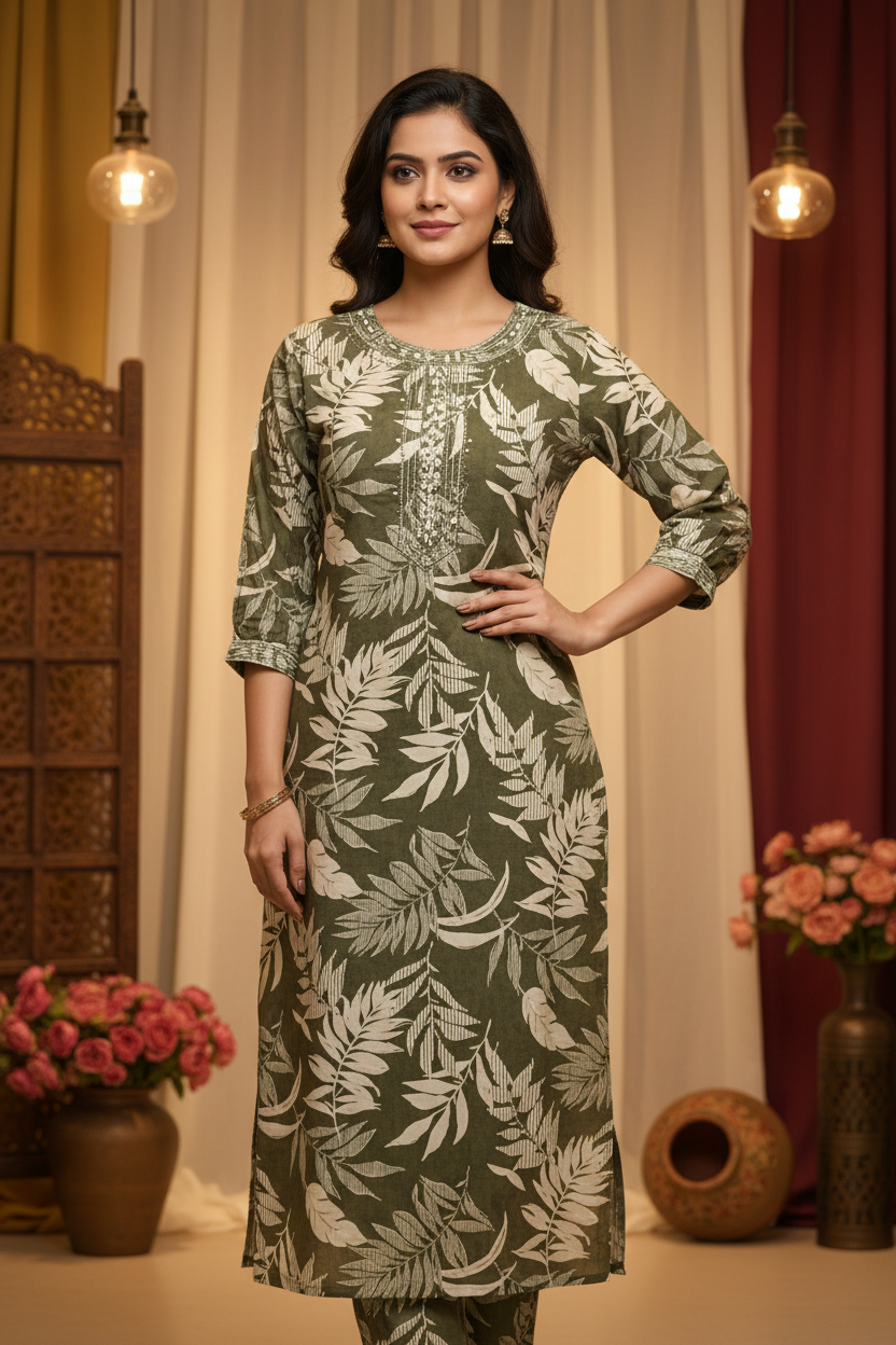 Green cotton Kurti- Leaf Pattern
