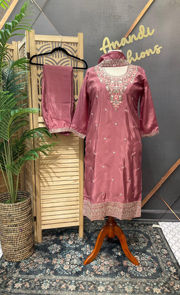 Plus Size Onion Pink Party Wear Kurti Set - H O Silk with Embroidery