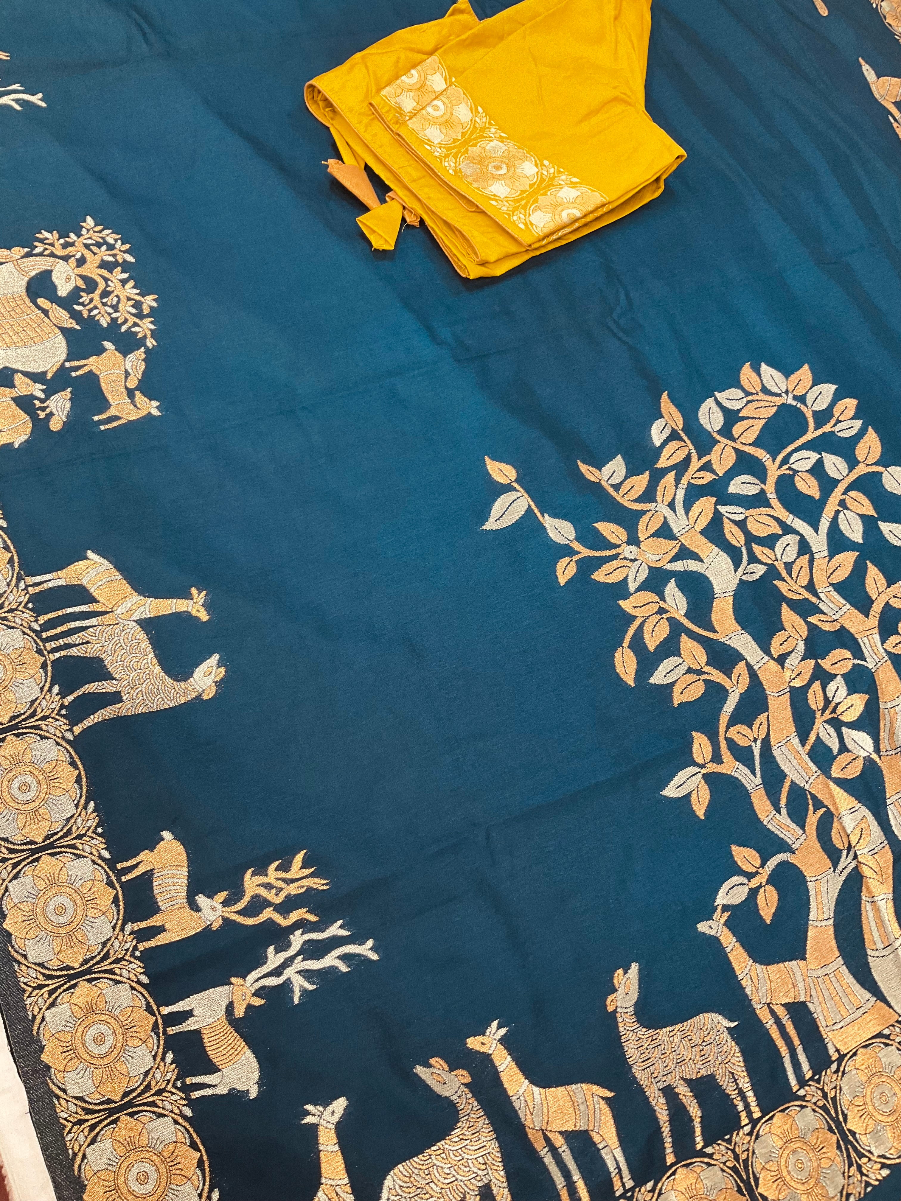 Semi Benarasi Saree with Contrast Stitched Blouse