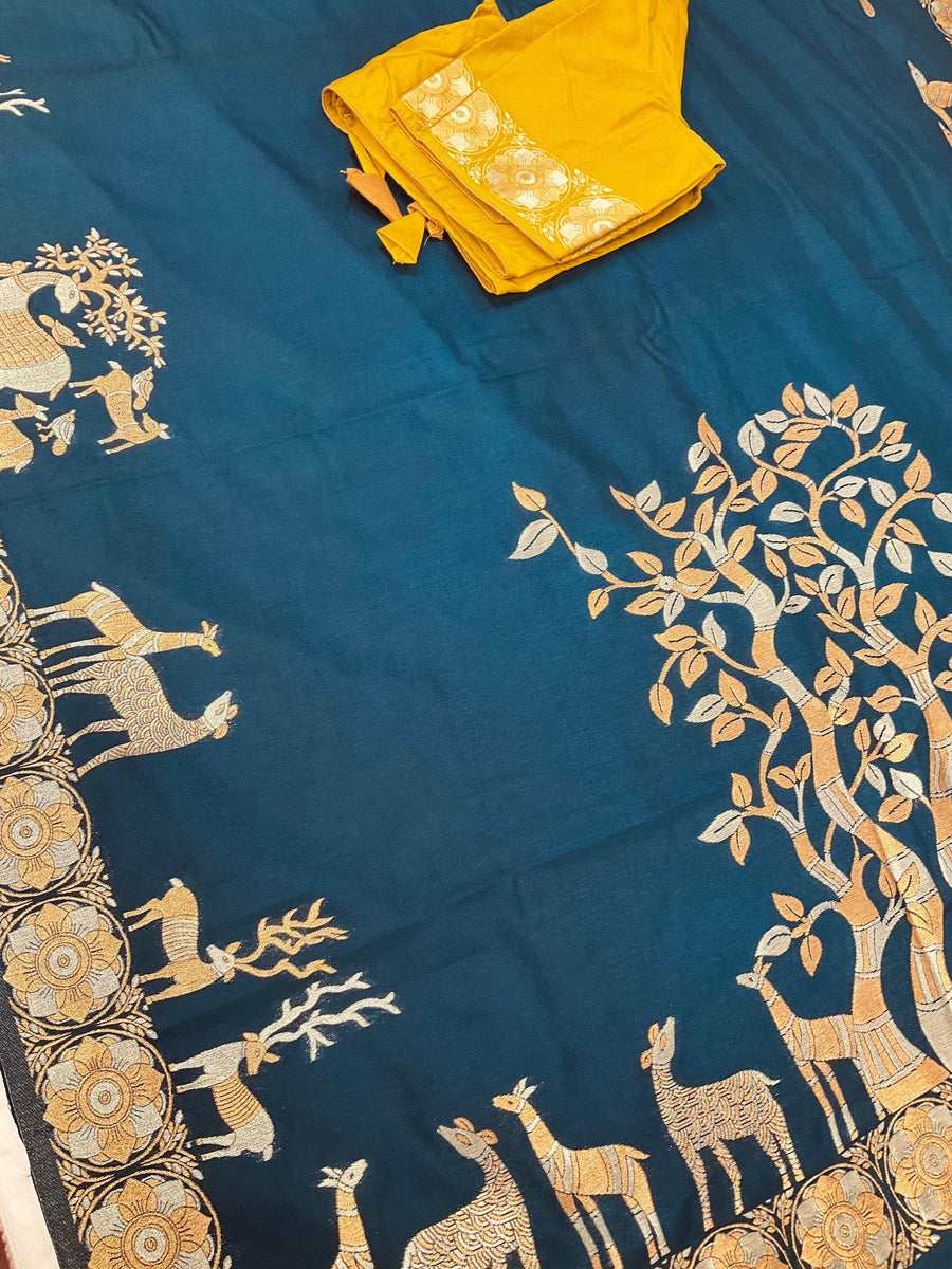 Semi Benarasi Saree with Contrast Stitched Blouse - Premium Quality