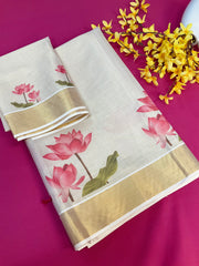 Kerala Set Mundu saree with Lotus Print