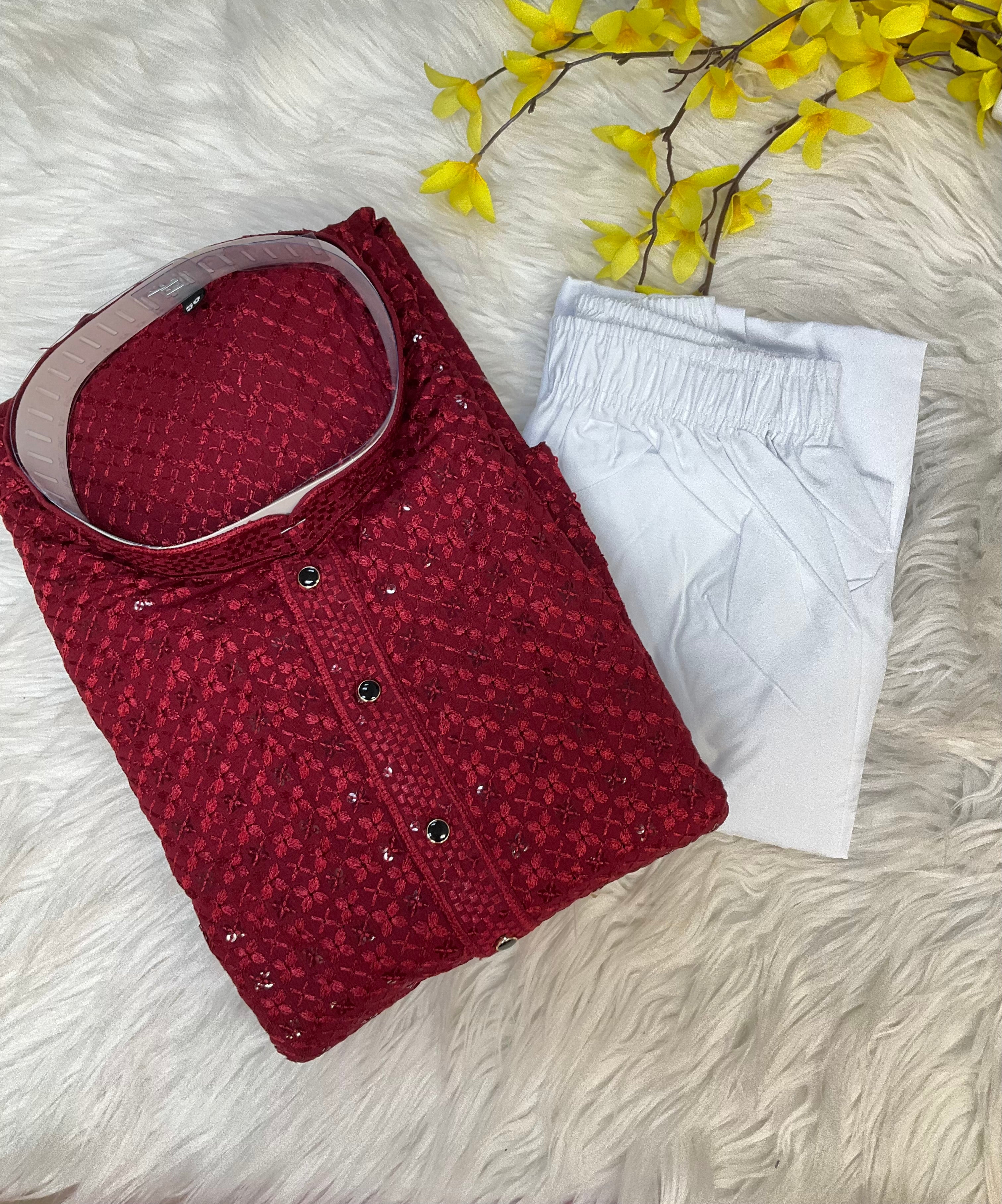 Men’s Maroon Rayon Chikankari Kurta Set