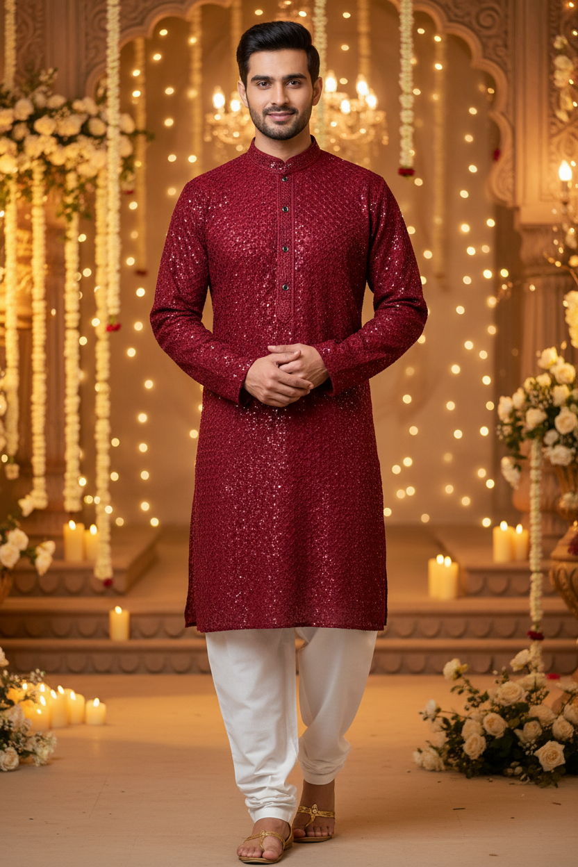 Men’s Maroon Rayon Chikankari Kurta Set