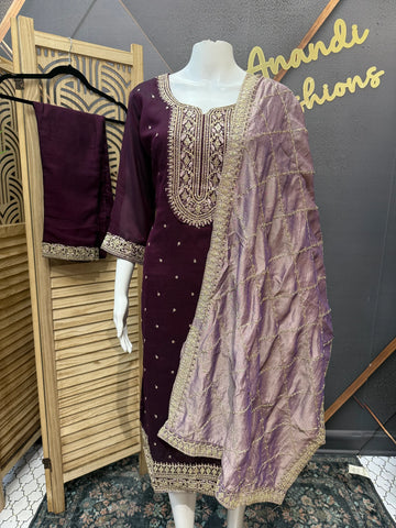 Wine Color Party Wear Kurti Set Size 38/40 - Vichitra Silk with Lavender Dupatta