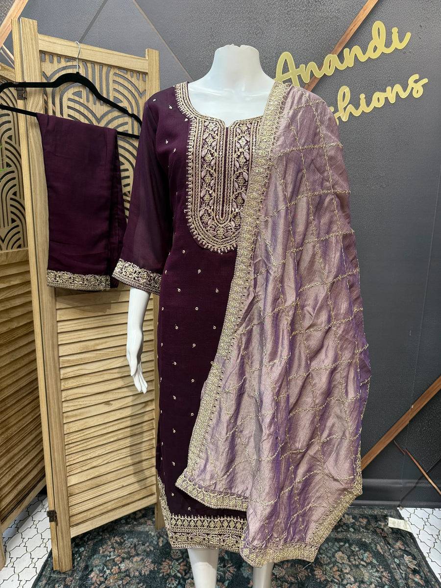 Wine Color Party Wear Kurti Set Size 38/40 - Vichitra Silk with Lavender Dupatta