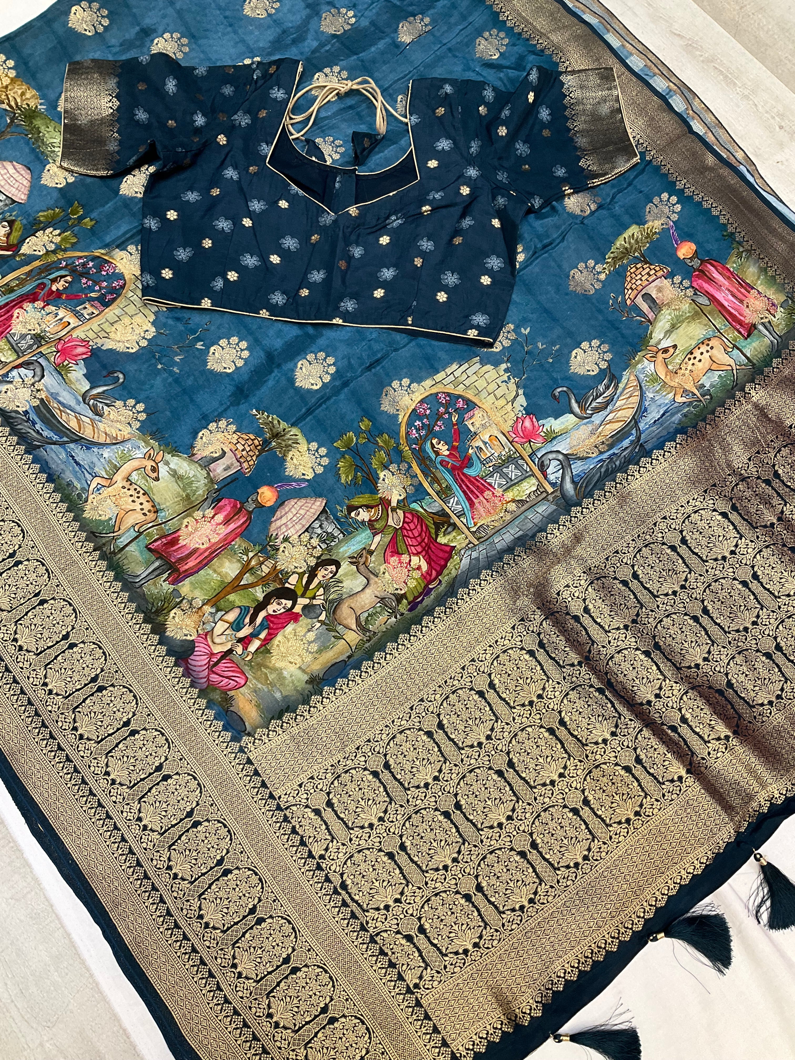 Teal blue Russian Silk saree with stitched blouse and fall pico done