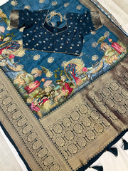 Teal blue Russian Silk saree with stitched blouse