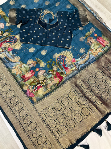 Teal blue Russian Silk saree with stitched blouse