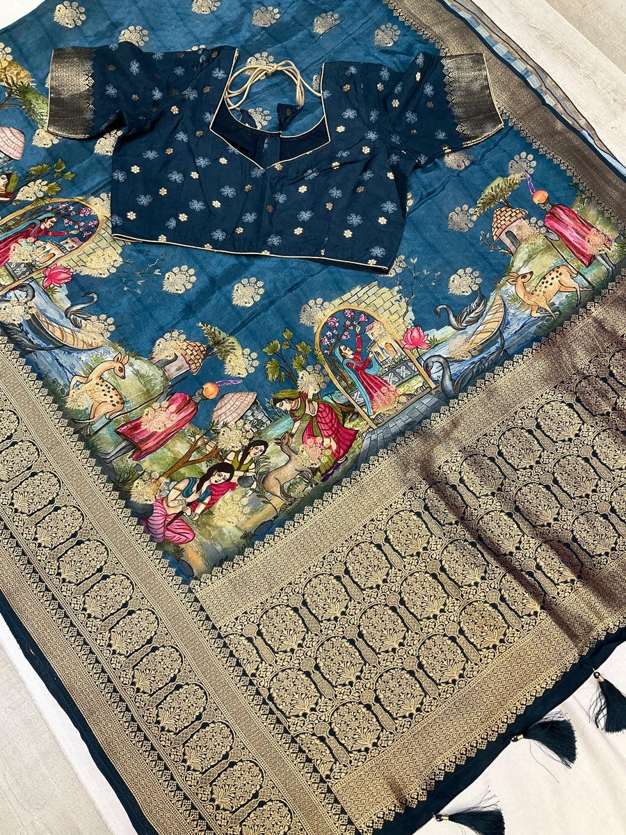 Teal blue Russian Silk saree with stitched blouse